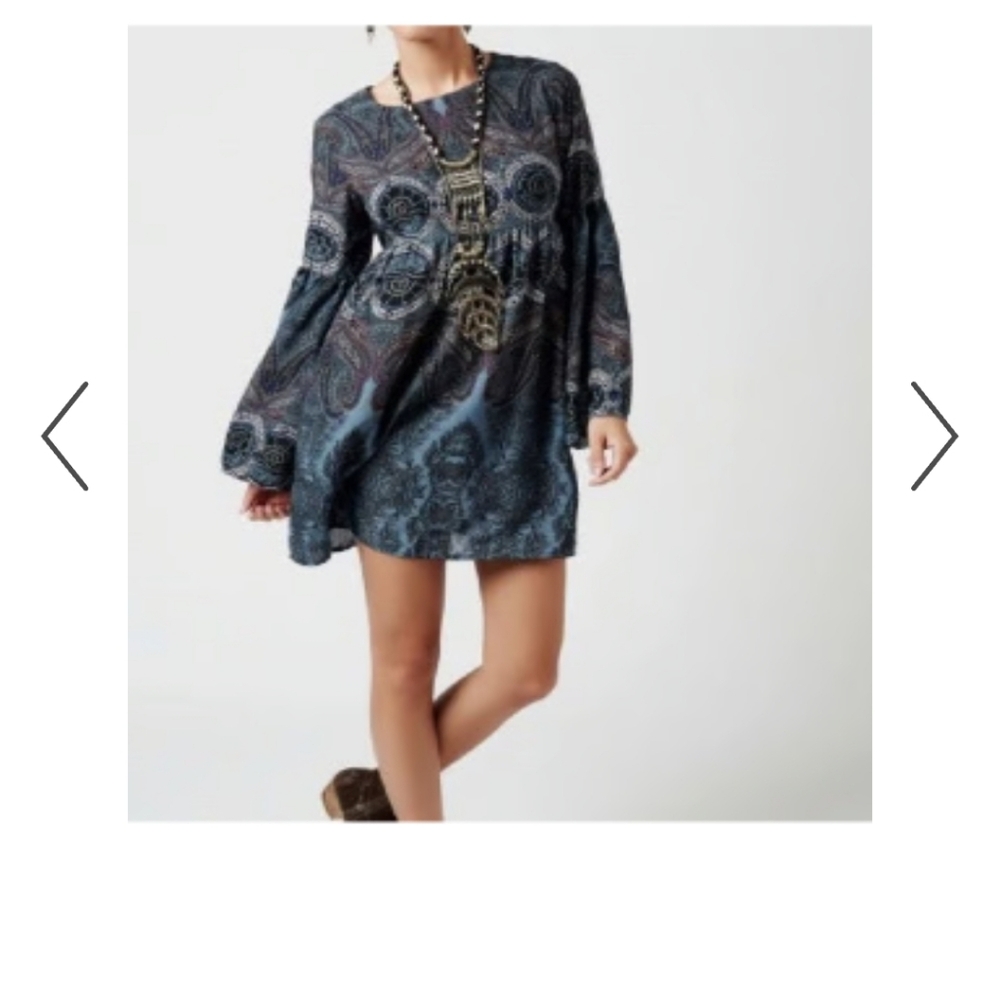 Earthbound Trading Womens Tunic Dress Size S Boho Bell Sleeve Paisley Blue